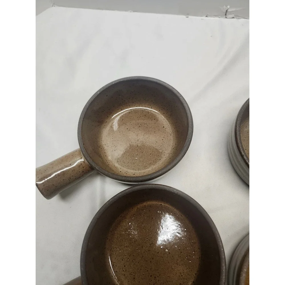 Vintage Brown Speckled Stoneware French Onion Soup Bowls with Lids Set of 4